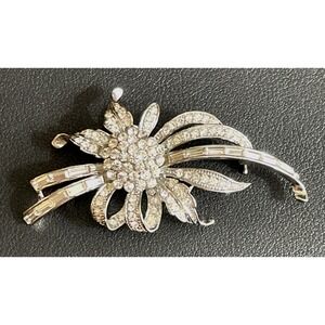 Vintage Rhinestone Flower Brooch Silver Tone Asymmetrical Baguette Pave Jewelry